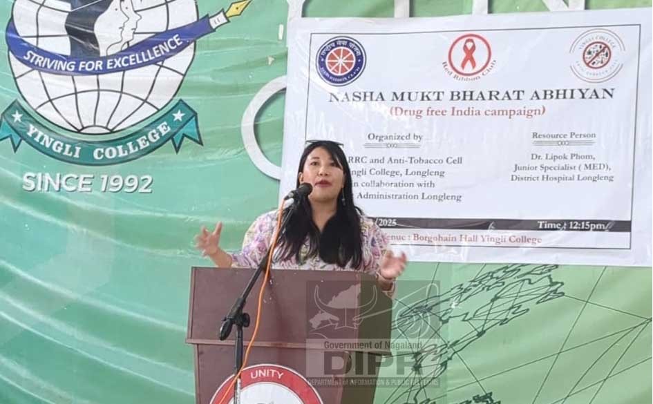 EAC Longleng, Imkongnukla Ao speaking at the program on Nasha Mukt Bharat Abhiyan at Yingli College on March 25. ( DIPR Photo)